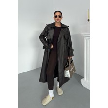 Spirituel Kadın Trençkot Uzun Suni Deri Kemerli Düğmeli Cepli Yırtmaçlı Kruvaze Yaka Trençkot