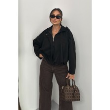 Spirituel Kadın Mont Kısa Oversize Süet Fermuarlı Gömlek Yaka Düşük Omuz Ceket