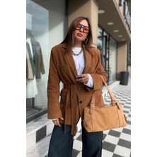 Camel Kuşaklı Nubuk Ceket