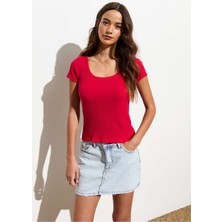 Rooted Kadın Havuz  Yaka T-Shirt & Bluz , Likralı Fitilli Kaşkorse Kumaş