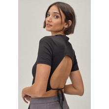Rooted Kadın Basıc Kol Sırt Açık Crop Tshırt %100 Cotton