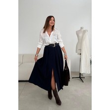 Lacivert Önden Yırtmaçlı Pileli Etek