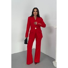 Spirituel Kadın Ikili Takım Şık Düğme Detaylı Dik Yaka Blazer Ceket Bol Paça Pantolon Takım