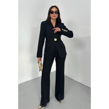 Spirituel Kadın Ikili Takım Şık Düğme Detaylı Dik Yaka Blazer Ceket Bol Paça Pantolon Takım