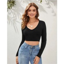 Rooted Kadın Crop V Yaka Uzun Kol Bluz ,fitilli Kaşkorse Kumaş