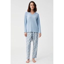 Catherine's Yumuşak Dokulu V Yaka Uzun Kol Kadın Pijama Takım 2819
