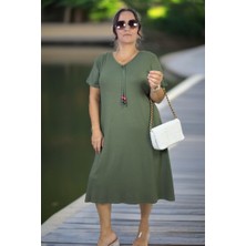 YAĞMURBEREN Yagmur Beren  Full Esnek Likralı Pamuklu Kumaş Boncuk Detaylı Kısa Kol V Yaka Pamuklu Viskon Büyük Beden Elbise