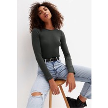 Rooted Kadın Bisiklet Yaka Uzun Kol T-Shirt&bluz ,Fitilli Likralı Kaşkorse Kumaş