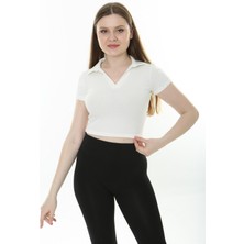 Rooted Kadın Polo Yaka Crop ,fitilli Kaşkorse Crop T-Shırt