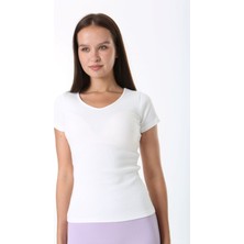 Rooted Kadın  Basic V Yaka T-Shirt ,fitilli Kaşkorse Kumaş Bluz