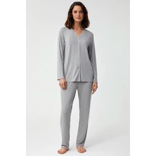 Catherine's Yumuşak Dokulu V Yaka Önden Düğmeli Kadın Pijama Takım 2822