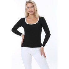 Rooted Kadın Uzun Kol,yaka ve Kol Ucu Contrast Renkli,derin Kare&havuz Yaka ,fitilli Likralı Kaşkorse Kumaş