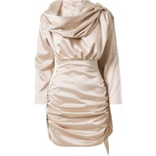 Facette Şal Detay Saten Mini Elbise Bej