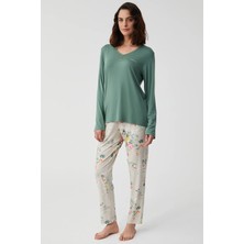 Catherine's Yumuşak Dokulu V Yaka Uzun Kol Kadın Pijama Takım 2825