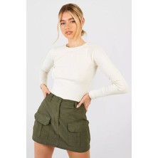 Rooted Kadın Bisiklet Yaka Uzun Kol T-Shirt&bluz ,Fitilli Likralı Kaşkorse Kumaş