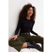 Rooted Kadın Bisiklet Yaka Uzun Kol T-Shirt&bluz ,Fitilli Likralı Kaşkorse Kumaş