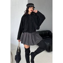 AKD Atelier Kadın Mont Kısa Oversize Süet Fermuarlı Gömlek Yaka Düşük Omuz Ceket