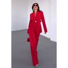 AKD Atelier Kadın Ikili Takım Şık Düğme Detaylı Dik Yaka Blazer Ceket Bol Paça Pantolon Takım