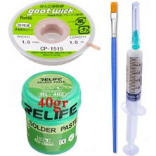Smnr Relıfe RL-402 Elektronikçi Yardımcı Krem Lehim Solder Paste 183°C Noclean SN63/PB67 40G Lehim Toplama CP-1515 Emme Teli 1,5 mm SET01