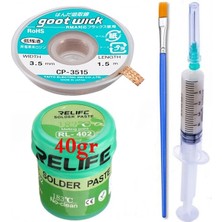Smnr Relıfe RL-402 Elektronikçi Yardımcı Krem Lehim Solder Paste 183°C Noclean SN63/PB67 40G Lehim Toplama CP-3515 Emme Teli 3,5 mm SET05