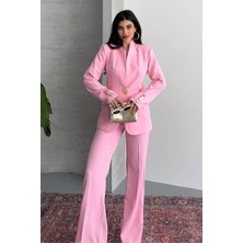 AKD Atelier Kadın Ikili Takım Şık Düğme Detaylı Dik Yaka Blazer Ceket Bol Paça Pantolon Takım