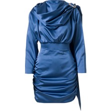 Facette Şal Detay Saten Mini Elbise Indigo