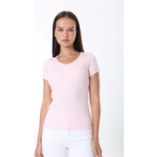 Rooted Kadın  Basic V Yaka T-Shirt ,fitilli Kaşkorse Kumaş Bluz