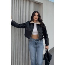 AKD Atelier Kadın Crop Ceket Suni Deri Yakası Kürklü Fermuarlı Çift Cepli Kısa Deri Mont