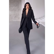 AKD Atelier Kadın Ikili Alt Üst Takım Şık Çift Katlı Düğmeli Blazer Ceket Bol Paça Pantolon Takım