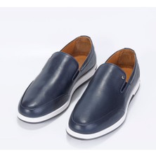 Vantaggio Shoes Neon %100 Hakiki Deri Lacivert Loafer Erkek Ayakkabı Düz Taban ile Rahat Kullanım