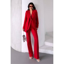 AKD Atelier Kadın Ikili Alt Üst Takım Şık Çift Katlı Düğmeli Blazer Ceket Bol Paça Pantolon Takım