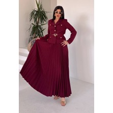AKD Atelier Kadın Ikili Alt Üst Takım Şık Kemerli Cep ve Düğme Detaylı Kısa Blazer Ceket Piliseli Uzun Etek Takım