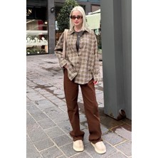 Madmext Haki Oversize Ekose Desenli Kadın Gömlek MG2589