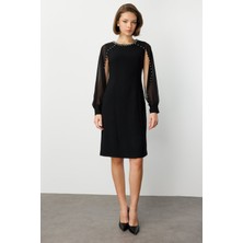 Ekol Kadın Boncuk Detaylı Kolları Tül Midi Elbise 4011 Siyah