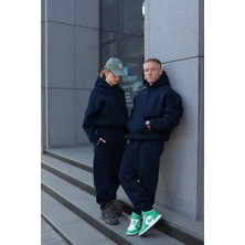 Yakamel Kadın Erkek Çiftlere Özel Kalın 3 İplik Oversize Kapüşonlu Eşofman Takımı – Yeni Sezon Lacivert