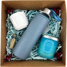 Dörtel Tedarik H2O Deri Kılıflı Mavi Matara 500 Ml, Sukulent Saksısı, Vanilya Kokulu Mum, Kibrit Hediye Kutusu