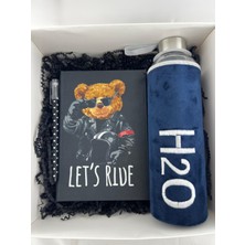 Dörtel Tedarik H2O Kadife Kılıflı Matara Lacivert 600 ML, Tükenmez Kalem, Let's Ride Temalı Defter Hediye Kutusu