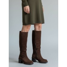 Cassido C1235 Hakiki Süet Deri 6 cm Topuk Kadın Diz Altı Kahverengi Süet Çizme