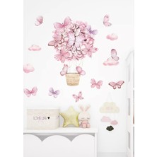 Wallhuman Pembe Kelebekli Sıcak Hava Balonu Çocuk Odası Duvar Stickerı