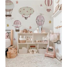 Wallhuman Pastel Pembe Uçan Balon ve Yıldızlar Duvar Sticker Seti