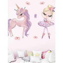 Wallhuman Lila Balerin Kız ve Ünicorn Çocuk Odası Duvar Stickerı