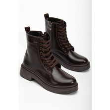 Hayalimdeki Ayakkabı Hayalimdeki Kadın Parlak Kahverengi Cilt Kalın Topuklu Postal Bot Rahat Yürüyüş İçin Tasarlandı