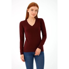 Fashion Friends Esnek V Yaka Bordo Kadın Kazak 25K0778K1