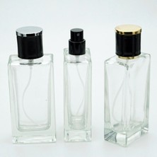 Parfüm Şişesi 50 ml 10 Adet Şeffaf Dikdörtgen (Spreyi Aparat ile Kapatılan-Kolay Kapama) Model