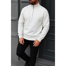 Damga Erkek Kışlık Basic Beyaz Fermuarlı Sweatshirt