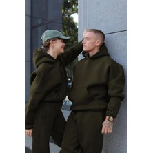 Yakamel Kadın Erkek Çiftlere Özel Haki 3 İplik Kalın Oversize Kapüşonlu Eşofman Takımı Yeni Sezon