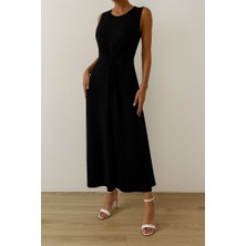 Etiler Collection Kadın Sıfır Kollu Bisiklet Yaka Yandan Büzgü Detaylı Viskon Elbise