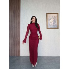 Esra Helvacı Dantelli Omuz Vatkalı Uzun Elbise