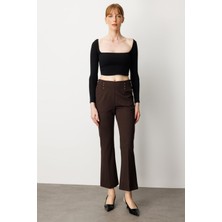 Ekol Kadın Boncuk Detaylı Ispanyol Paça Pantolon 1083 Kahverengi