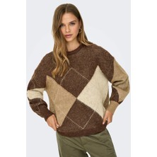 Only Kadın Onlnoeme Desenli Bisiklet Yaka Yünlü Kazak 15353226 Kahverengi